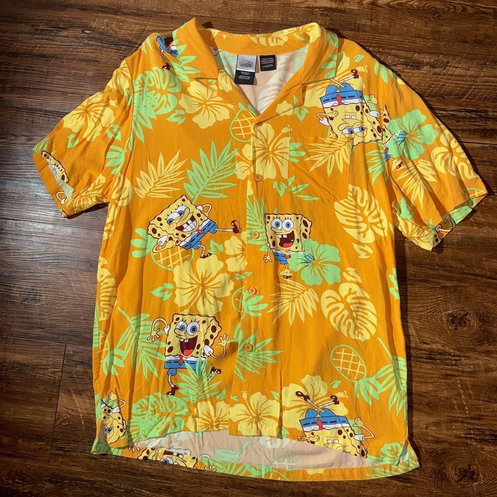 SpongeBob SquarePants Men's Orange Logos Button Down Hawaiian Shirt Large